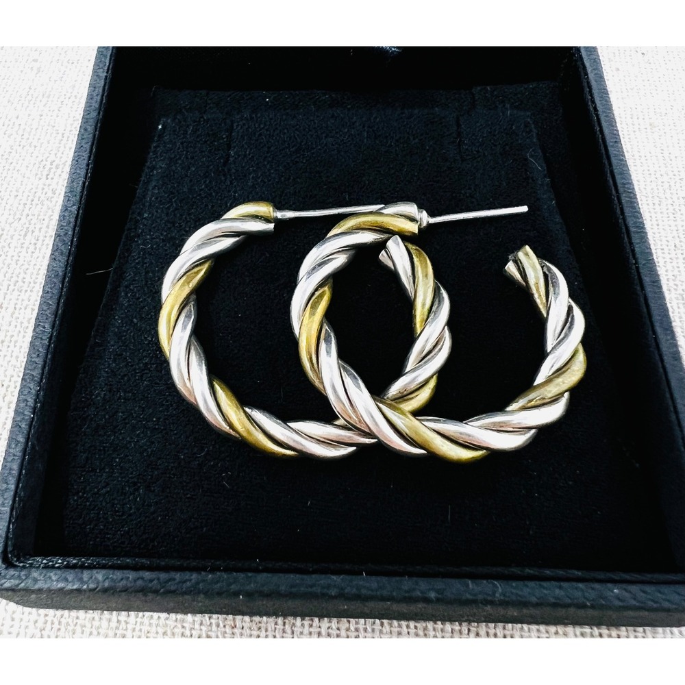 Vintage Sterling Silver South Western Style Two Tone Twisted Rope Hoop Earrings